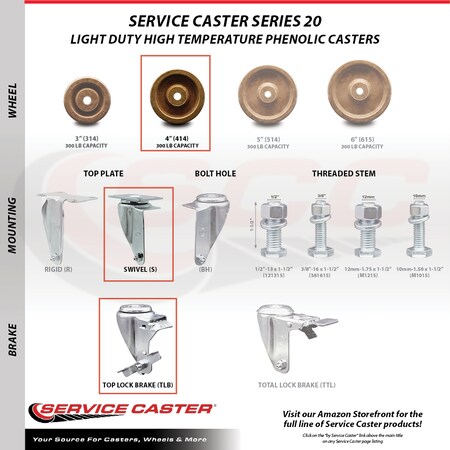 Service Caster 4 Inch High Temp Phenolic Wheel Swivel Top Plate Caster with Brake SCC SCC-20S414-PHSHT-TLB